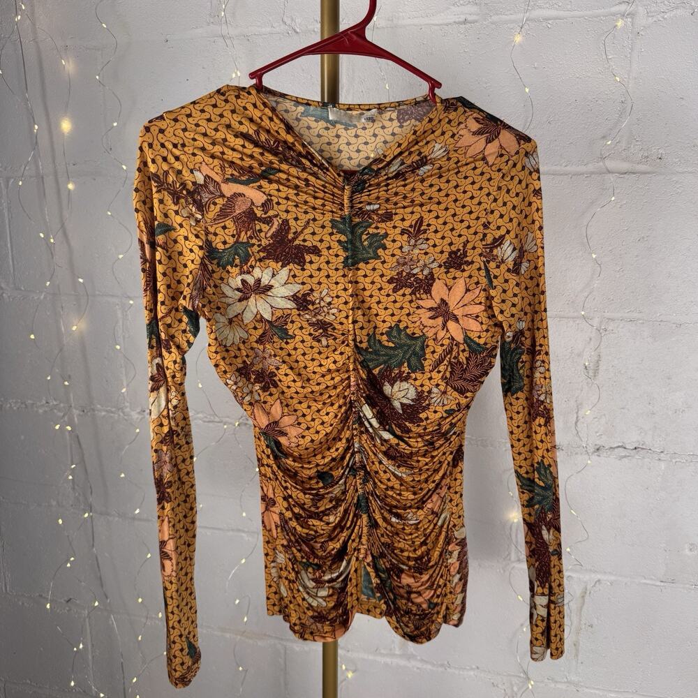 ulla johnson women's S orange floral ruched long sleeve stretch top